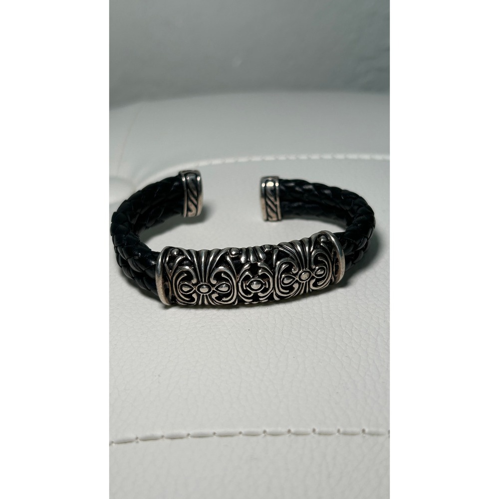 Joseph Esposito Vintage .925 Sterling Silver Braided Black Leather Cuff Bracelet